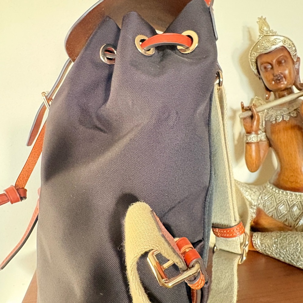 Dooney & Bourke Navy and Tan Leather Trim Drawstring Backpack - Picture 8 of 8